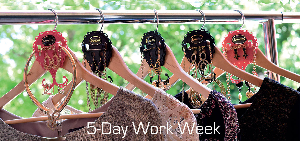 Tangled necklaces and loose earrings next to a Jewelinx hanging jewelry organizer that keeps them sorted