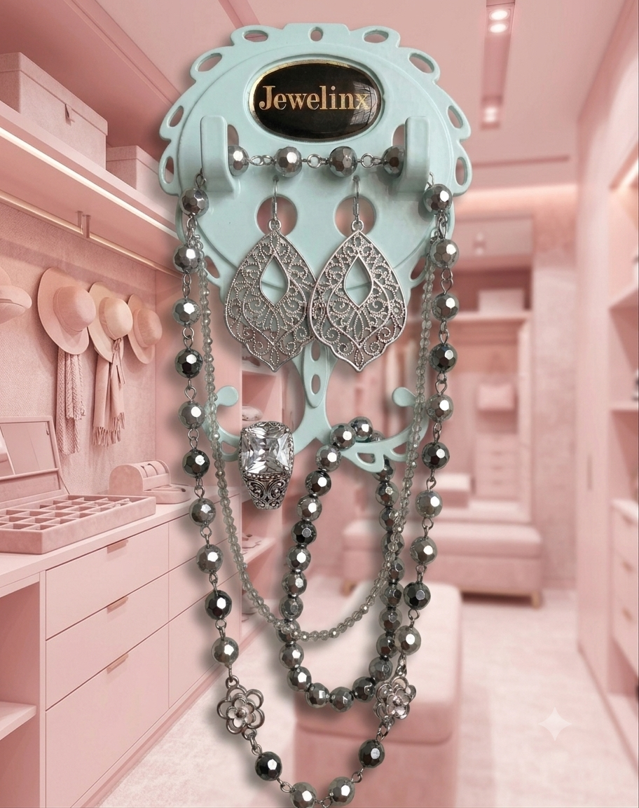 Necklaces stored tangle-free, one per hanger, on Jewelinx hanging jewelry organizers
