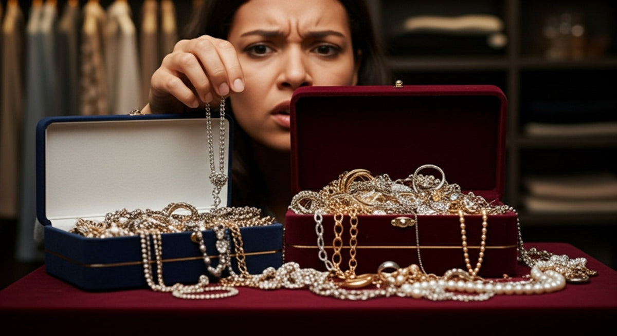 Earrings and necklaces stored with their outfits on Jewelinx hanging jewelry organizers