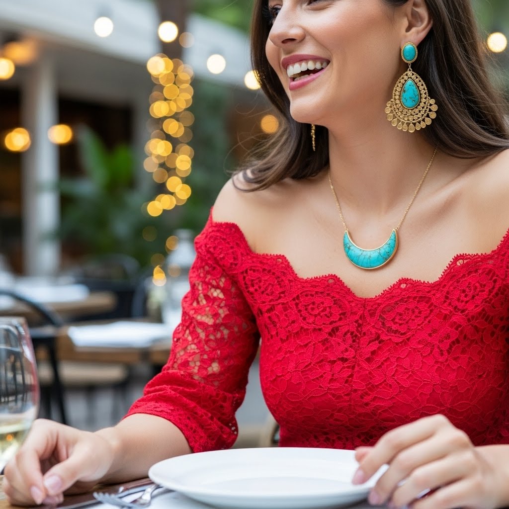 Turquoise jewelry styled with a summer 2026 outfit on a Jewelinx hanging organizer