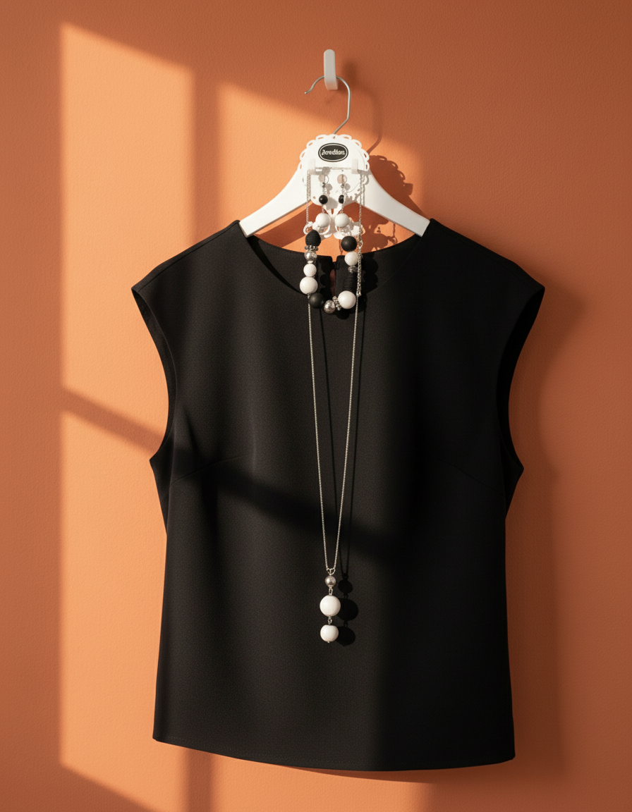 Jewelinx jewelry organizer with black and white beaded jewelry on a clothes hanger with a Black Top