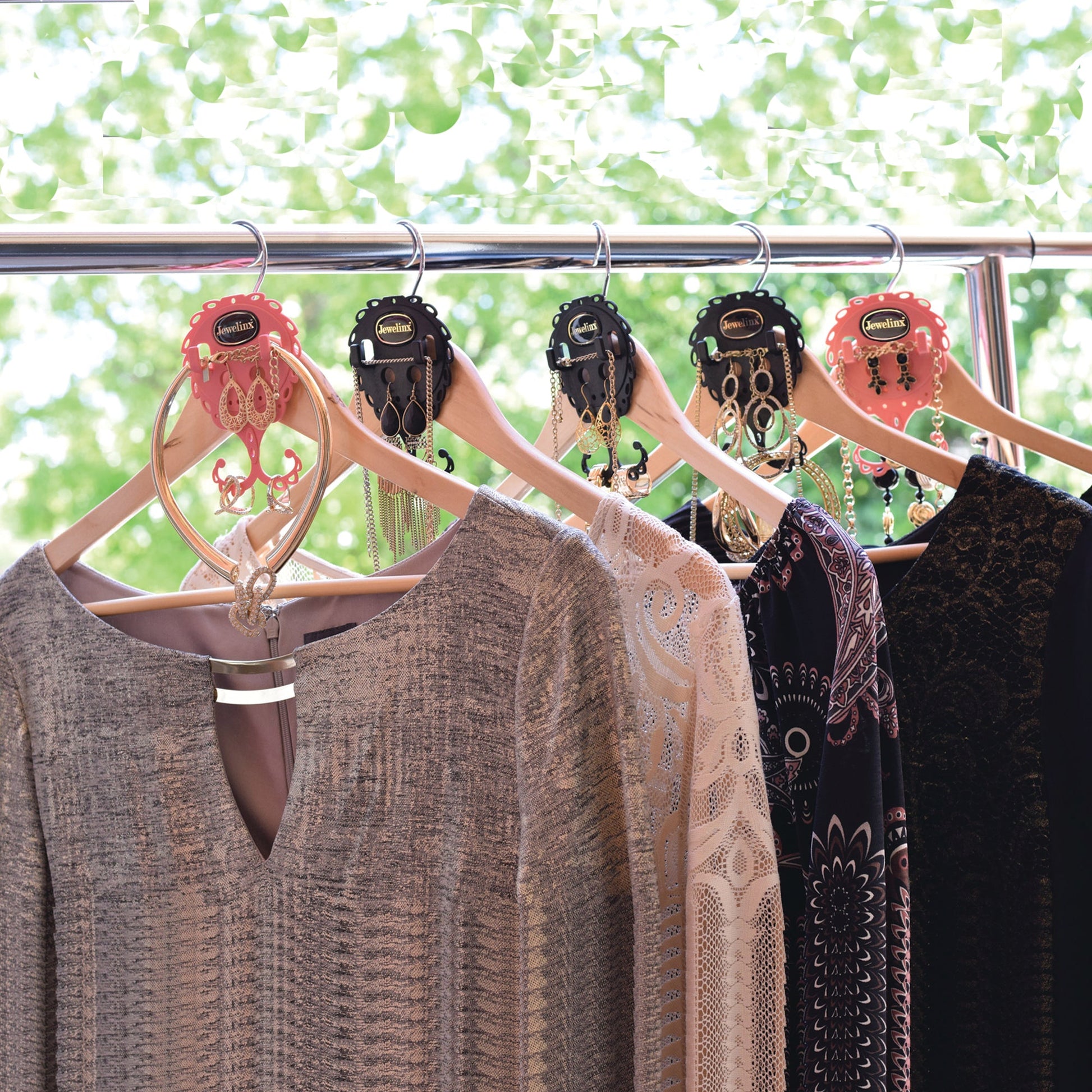 Five days of outfits with jewelry pre-paired on Jewelinx hanging organizers for the work week