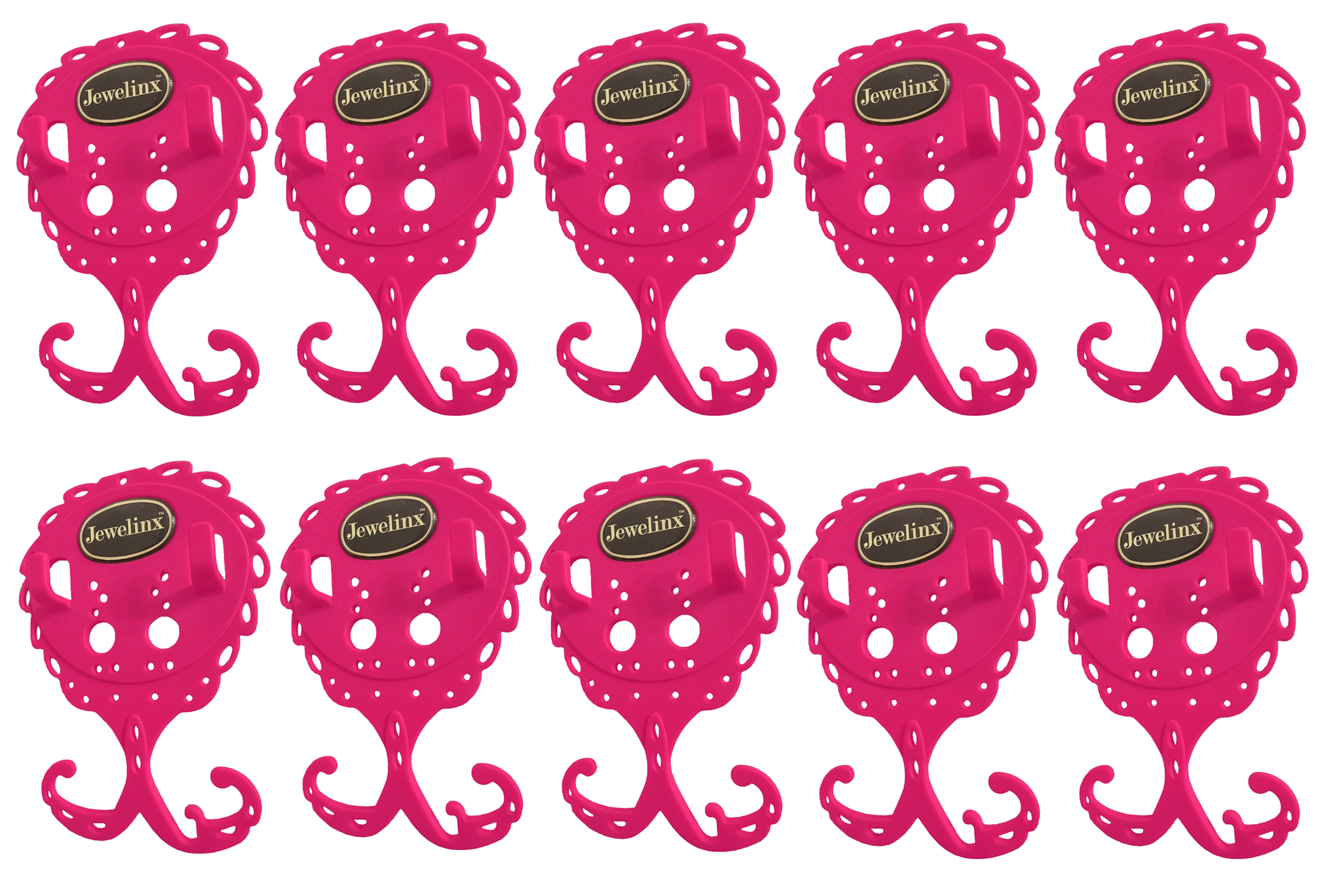 Jewelinx Hot Pink hanging jewelry organizer 10-Pack — patented, made in USA