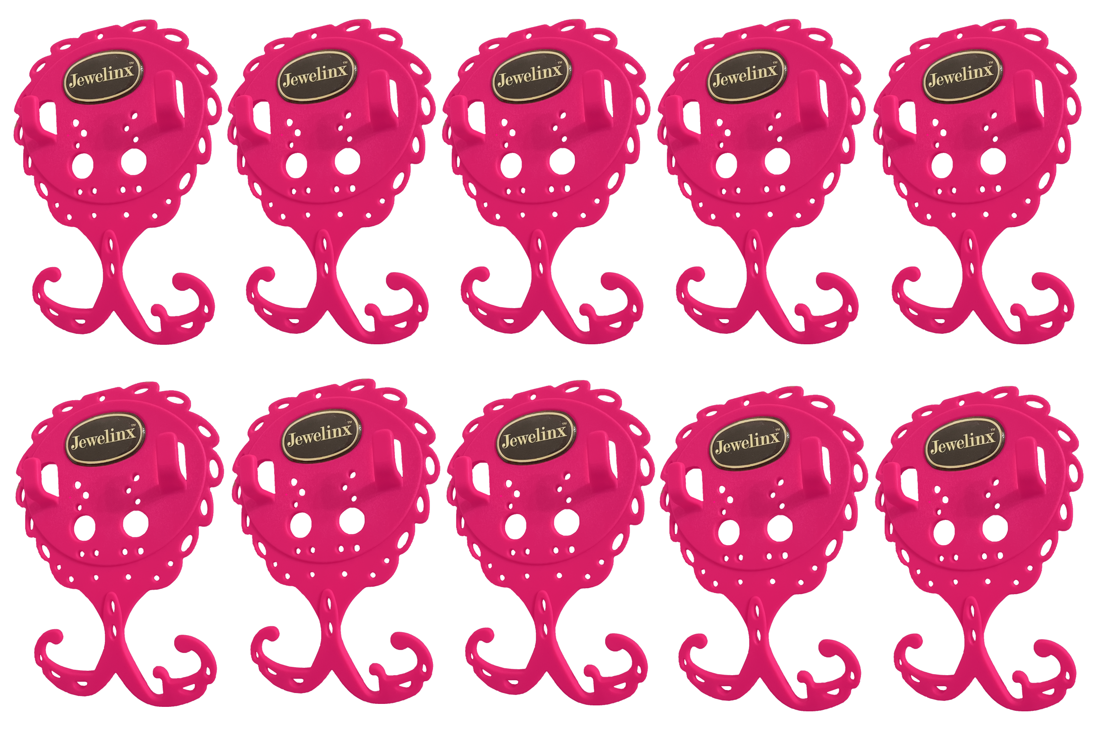 Jewelinx Hot Pink hanging jewelry organizer 10-Pack — patented, made in USA