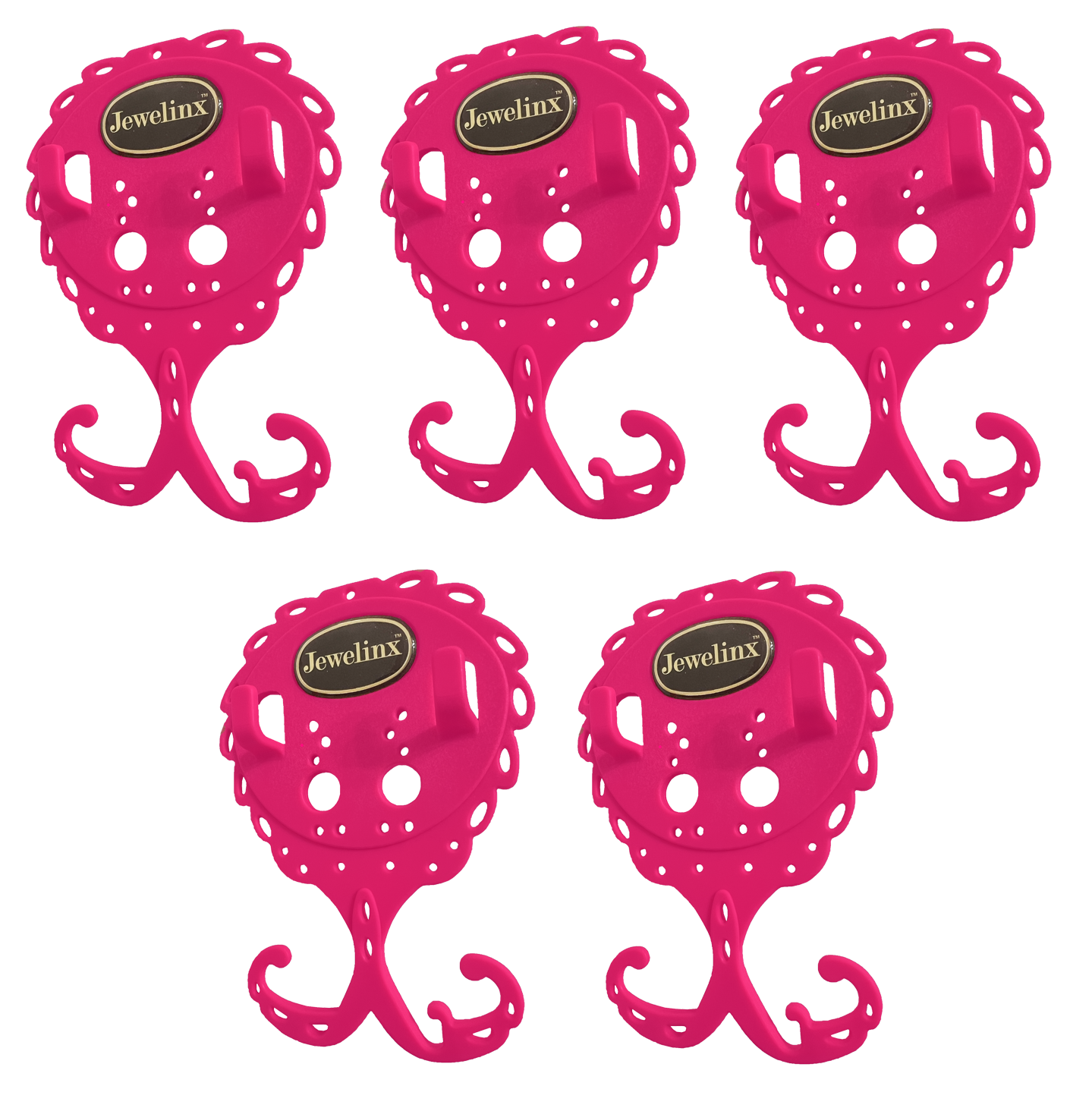 Jewelinx Hot Pink hanging jewelry organizer 5-Pack — patented, made in USA