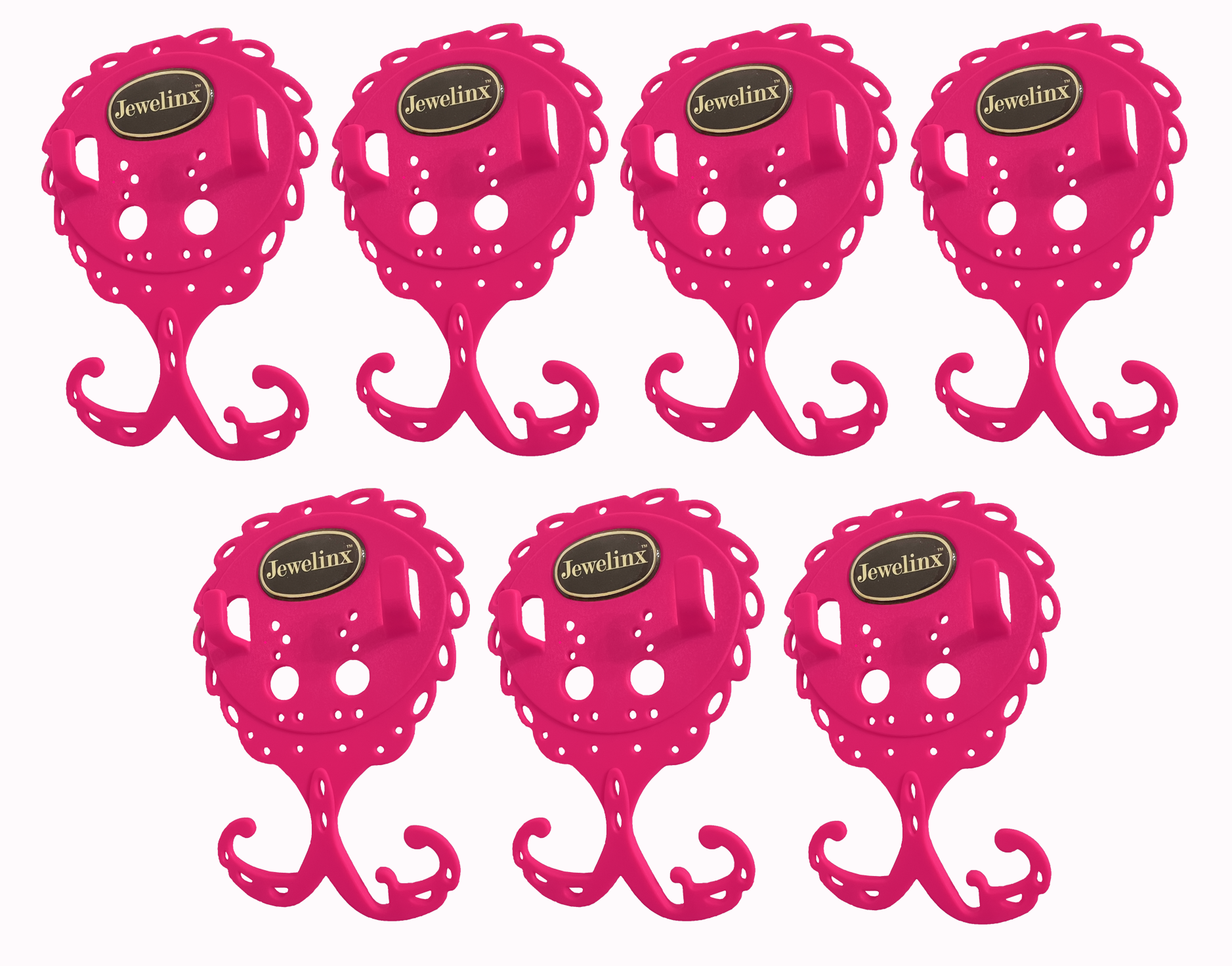 Jewelinx Hot Pink hanging jewelry organizer 7-Pack — patented, made in USA