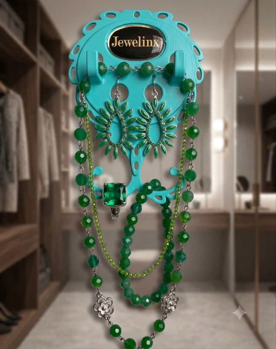 A turquoise Jewelinx jewelry organizer hanging in a boutique, holding green beaded necklaces, earrings, and bracelets. The jewelry organizer has a black oval label at the top that reads 'Jewelinx'.