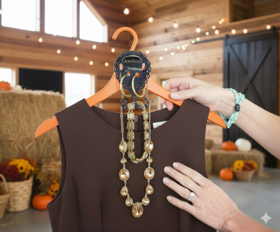 Jewelinx hanging jewelry organizer holding a beaded necklace and earrings, paired with an outfit in a rustic barn setting with string lights