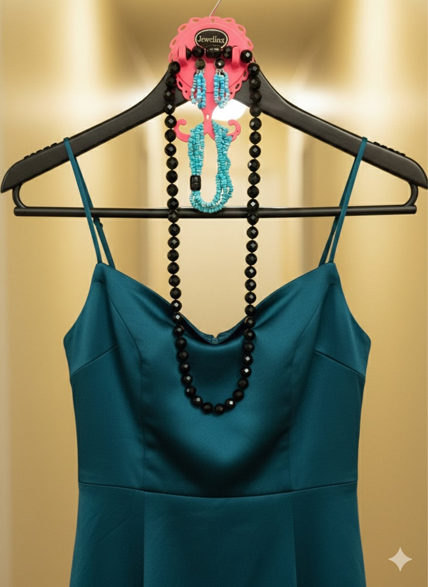 Hot Pink Jewelinx hanging jewelry organizer with turquoise and black beaded jewelry, paired with a teal dress