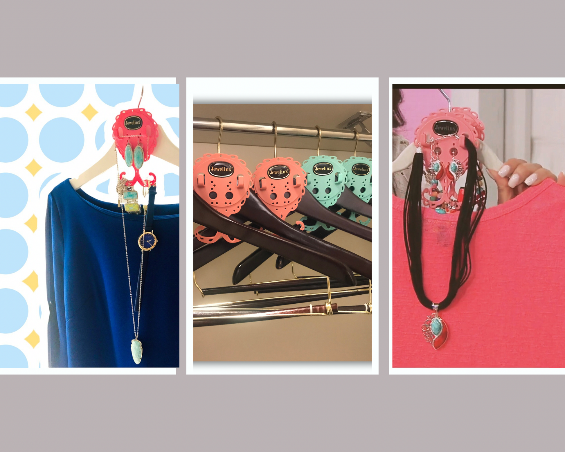 Photo collage of Jewelinx hanging jewelry organizers in use: styled with a blue top, hanging together in a closet, and paired with a pink top