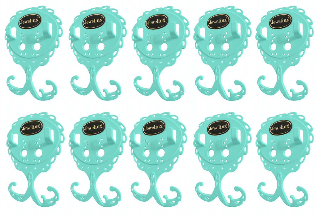Jewelinx Mint Teal hanging jewelry organizer 10-Pack — patented, made in USA