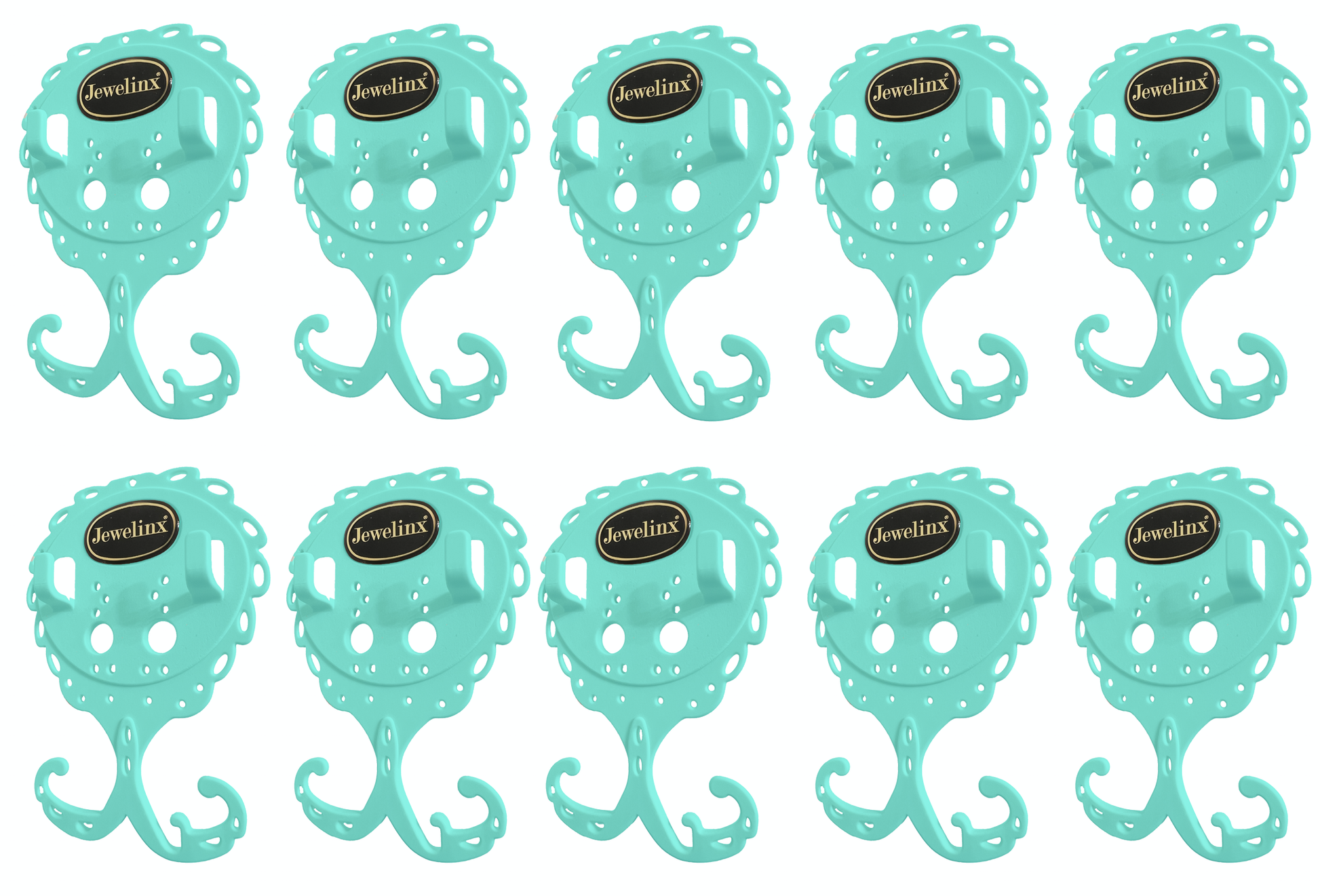 Jewelinx Mint Teal hanging jewelry organizer 10-Pack — patented, made in USA