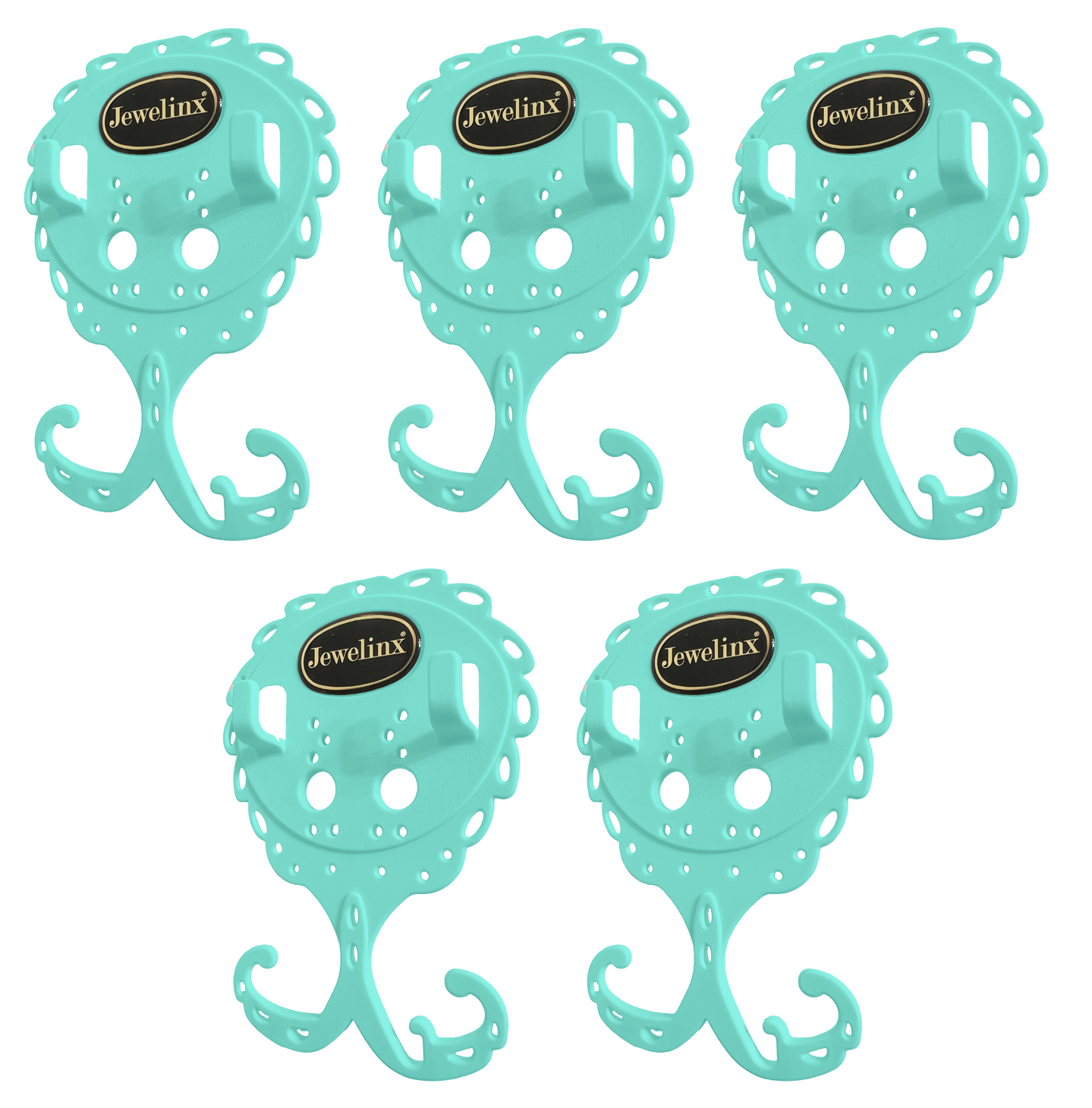 Jewelinx Mint Teal hanging jewelry organizer 5-Pack — patented, made in USA