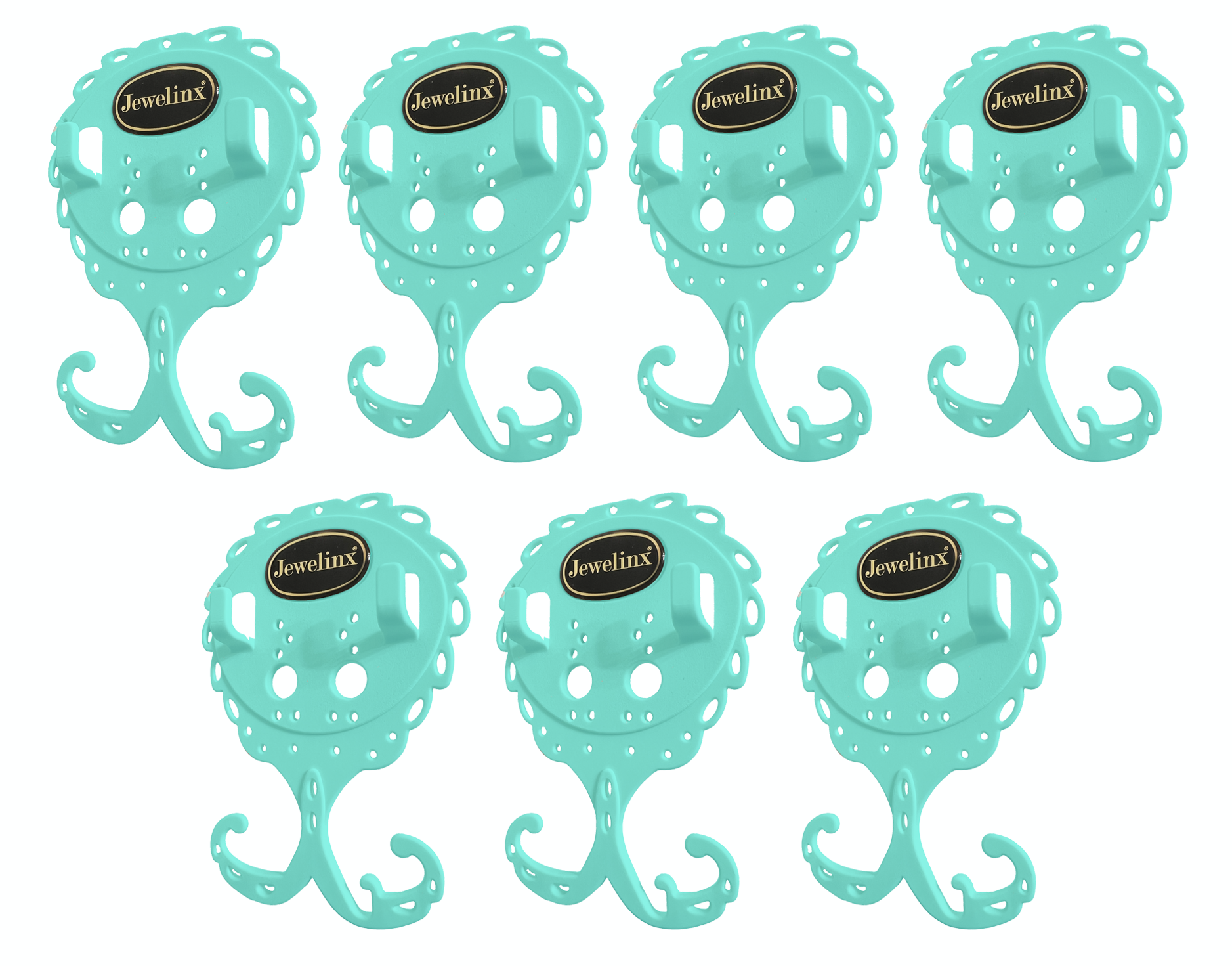 Jewelinx Mint Teal hanging jewelry organizer 7-Pack — patented, made in USA