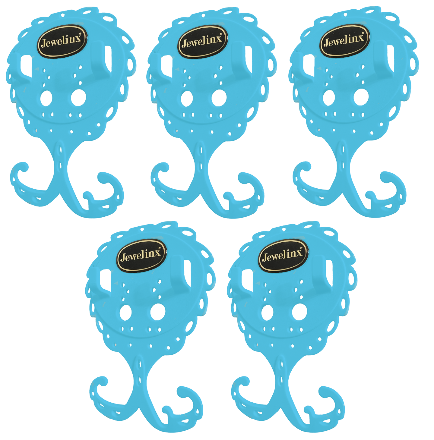 Jewelinx Turquoise hanging jewelry organizer 5-Pack — patented, made in USA