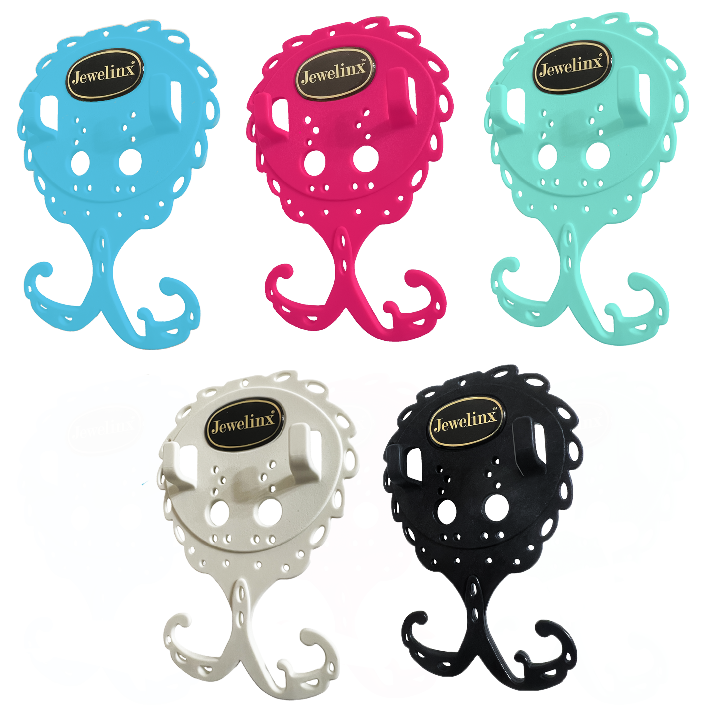 Jewelinx Multicolor 5-Pack: Hot Pink, Turquoise, Mint Teal, Black and White hanging jewelry organizers